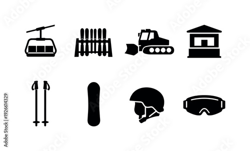 Ski resort equipment: ski lift chair, ski rack, snow groomer, ticket booth, ski pole, snowboard, helmet, goggles