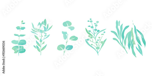 Botanical illustration of green grass and spring flowers featuring natural leaf patterns and floral foliage design elements isolated on a vector background