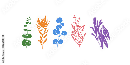 Vector illustration of golden wheat ears and autumn leaves on an abstract orange floral background featuring nature elements for a plant logo or summer pattern design