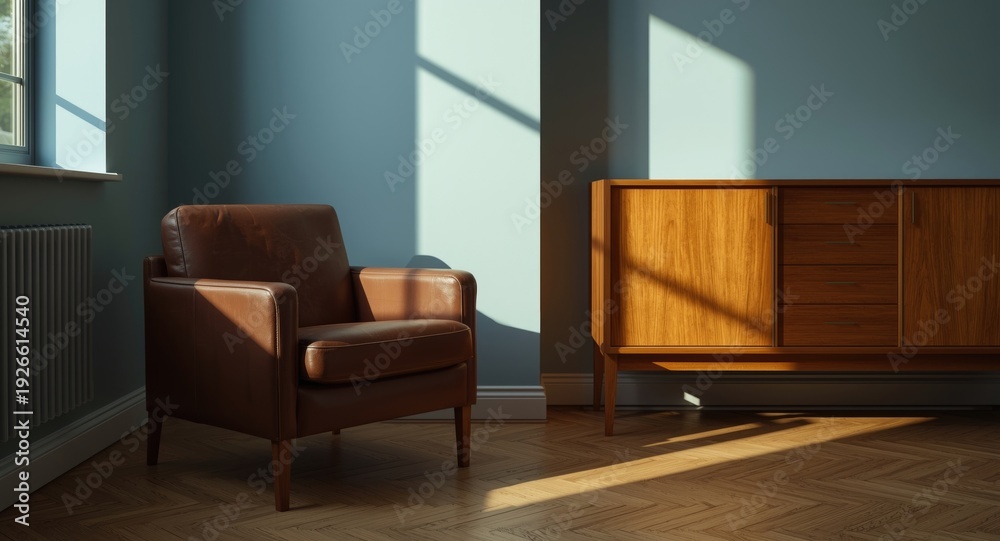 Fototapeta premium Mid century inspired living room with leather armchair and timber cabinet set against blue toned wall and wooden floor