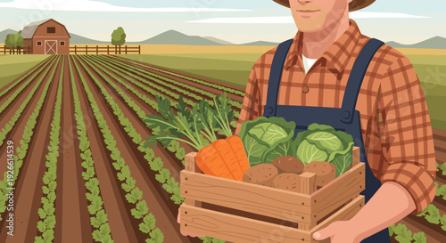 Farmer holding a wooden crate of fresh vegetables in the field  