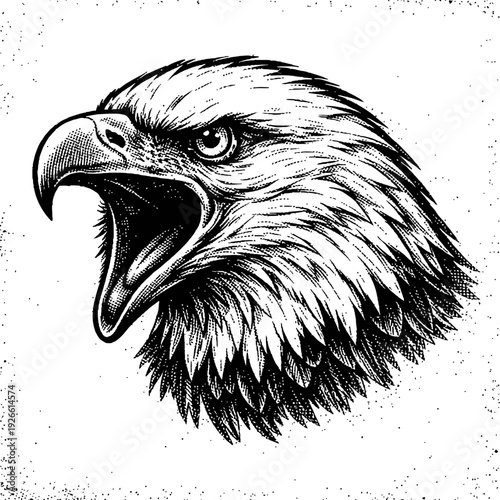 Majestic bald eagle head illustration, fierce bird of prey with open beak, screaming, vintage engraving style, hand-drawn black and white artwork, powerful symbol of freedom and strength, distressed g