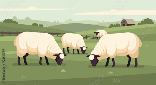 Flock of sheep grazing in green pasture under clear sky  