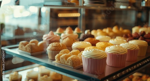 Delicious baked goods assortment on tray in bakery display