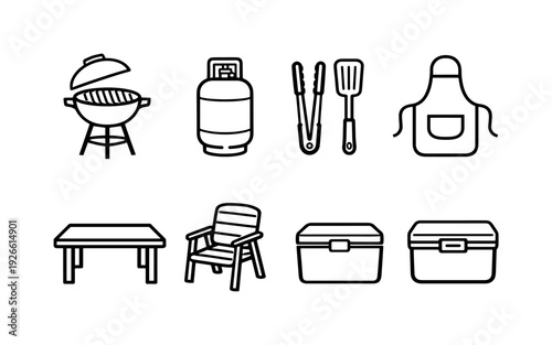 Garden patio cooking equipment: barbecue grill, gas cylinder, grilling tongs, spatula, apron, outdoor table, patio chair, cooler box