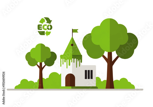Flat design illustration of an eco-friendly church with a green roof and flag, surrounded by trees and bushes on a white background with an ECO logo.