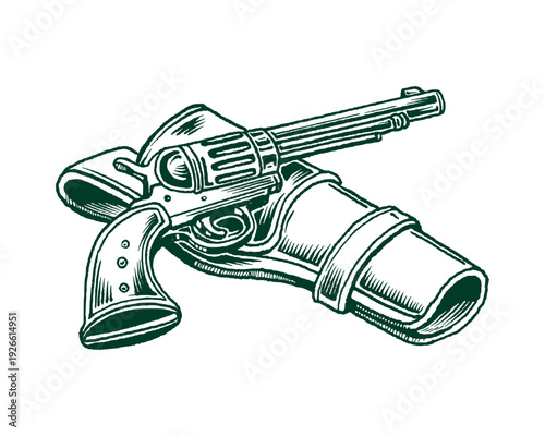 Vintage Western Revolver with Holster Engraved Vector Illustration