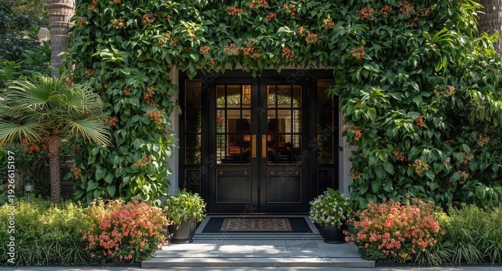 Fototapeta premium Stylish entrance with vibrant greenery welcoming guests