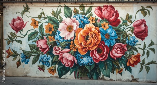 artistic depiction of a vibrant flower bouquet painted on wall facade