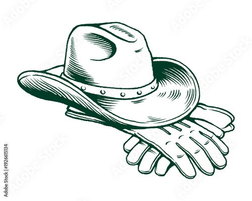 Cowboy Hat with Leather Gloves Western Engraved Vector Illustration