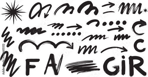 Hand drawn typographic elements and decorative arrows on white background