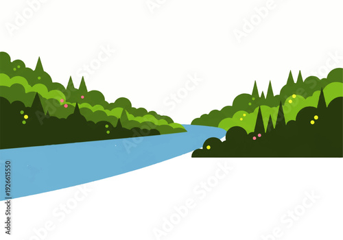 Illustration of a serene river flowing through a lush forest with vibrant green trees and colorful flowers against a clean white background for a Background Video.
