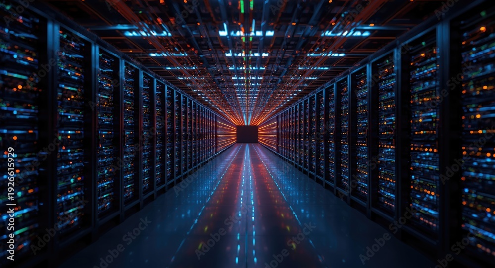 Obraz premium Extensive data center layout showing numerous operational servers enabling cloud database connectivity