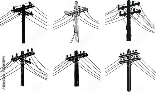 Set of Hand Drawn Utility Pole Illustrations with Power Lines and Electric Wires for Infrastructure, Telecommunications, Energy, and Industrial Vector Design.