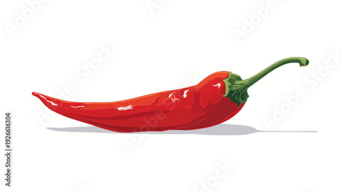 A vibrant, glossy, red chili pepper with a green stem and a slight shadow on a white background