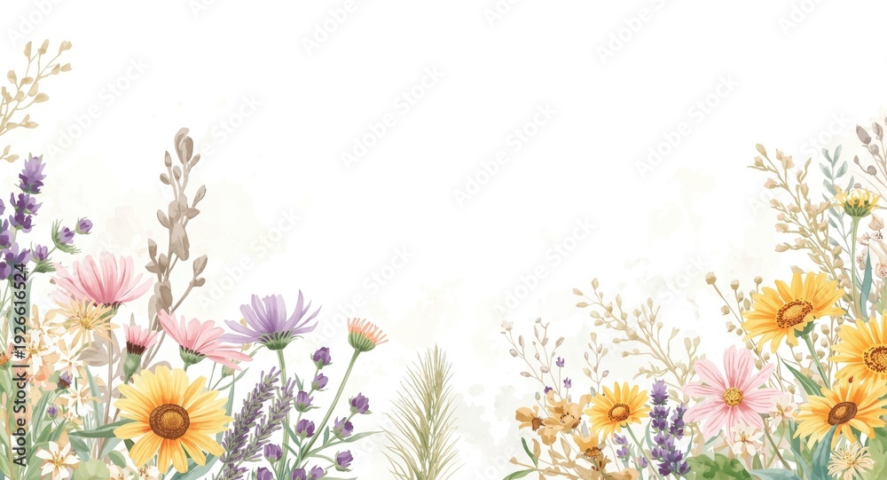 Fototapeta premium Watercolor bohemian bouquet with wildflowers and herbs accented by pampas grass border on white background for wedding invitation use