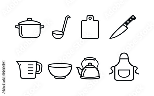Home soup cooking tools: cooking pot, ladle, cutting board, chef knife, measuring cup, mixing bowl, stove kettle, apron