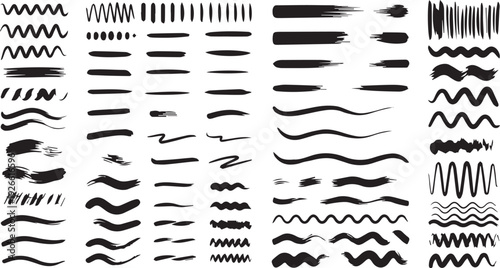 Graphic design elements, black brush strokes and lines on white background for illustration, artistic and creative use in advertising, branding, and packaging