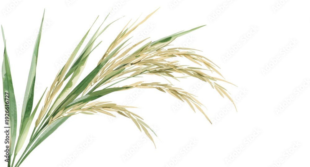 Fototapeta premium Rice plant in watercolor showing intricate leaves and grains on plain white backdrop