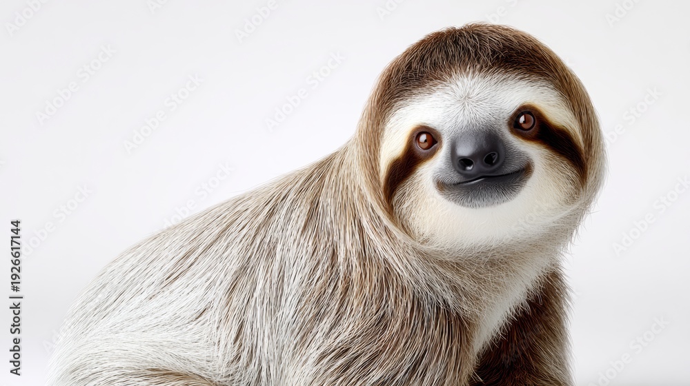 Fototapeta premium Cute sloth with brown and white fur sitting against a plain white background, showcasing its distinctive facial features and relaxed posture