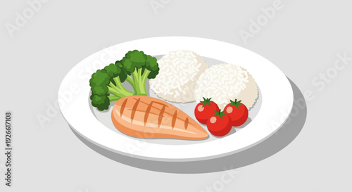 A healthy meal of chicken, rice, broccoli and tomatoes on a white plate ready to eat
