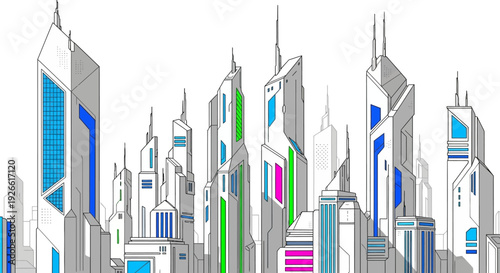 A futuristic city skyline illustration with modern and stylized architectural elements