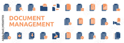 Document Management icon two color style with accounting, search, privacy, folder, clipboard icons