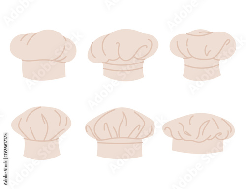 Set chef hats in different shapes. Minimal flat kitchen and restaurant icons isolated on white background. Cooking, bakery and food design elements.