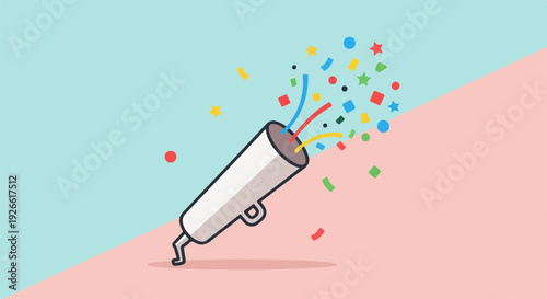 Confetti popper exploding with colorful streamers and confetti on a pastel background, celebration concept.