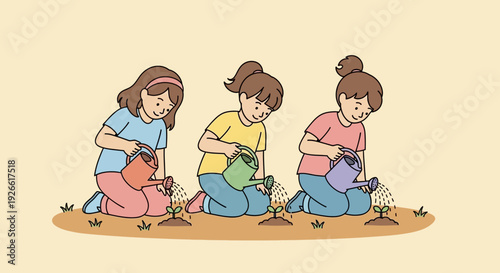 Flat vector illustration of three women kneeling, tending pots of plants on ground, serene casual scene in pale yellow background
