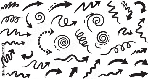 Hand drawn arrows and swirls set for design and illustration on white background