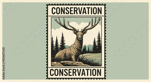 Vintage conservation stamp featuring a majestic deer in a forest landscape, wildlife protection.