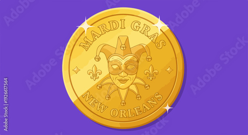 Mardi Gras New Orleans gold coin with jester mask and fleur de lis, festive carnival celebration.