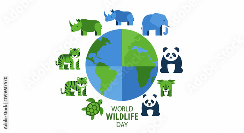 World Wildlife Day illustration with diverse animals surrounding the Earth, promoting conservation awareness.
