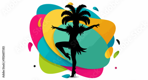 Silhouette of a vibrant carnival dancer with feathered costume against abstract colorful background.