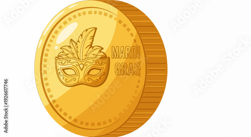 Golden Mardi Gras Coin embossed with a festive mask and feathers, representing wealth and celebration