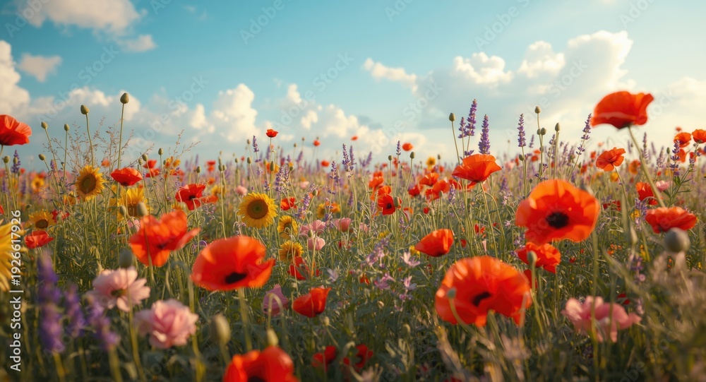 Fototapeta premium Vibrant landscape art showing a bright field packed with blooming red poppies and a variety of flowers in different colors and sizes