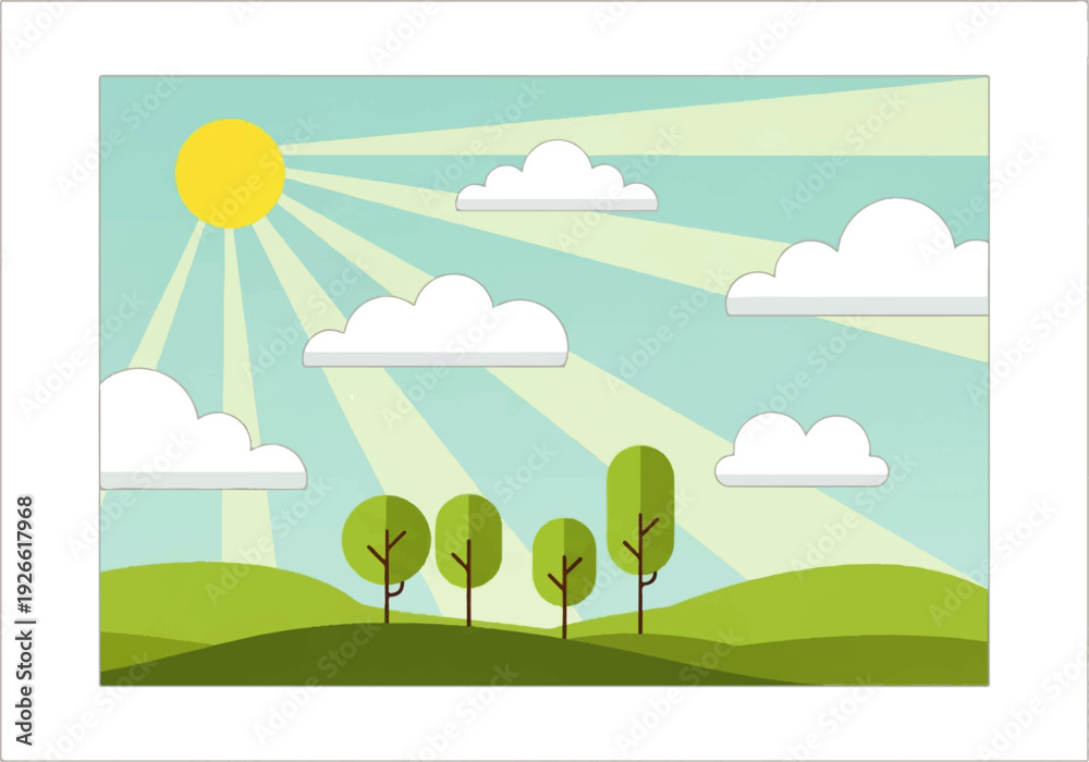 Fototapeta premium Animated background video of a sunny landscape with green hills, trees, and clouds against a blue sky with sun rays.