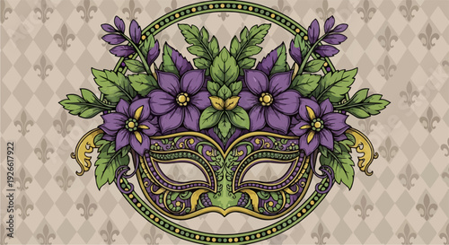 Elaborate Mardi Gras Mask adorned with purple and green flowers and foliage, set against a fleur-de-lis pattern