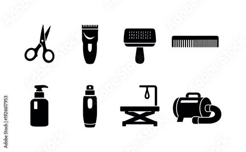 Pet grooming tools: grooming scissors, electric clipper, slicker brush, comb, shampoo bottle, nail grinder, grooming table, pet dryer