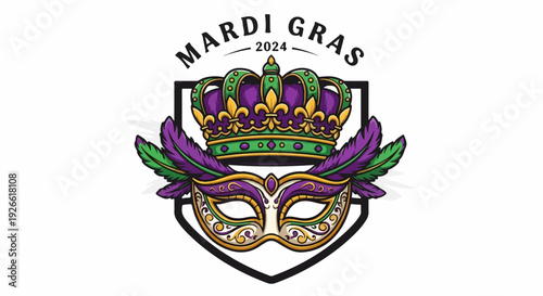 Mardi Gras mask and crown emblem with feathers and year 2024, celebrating the festive event