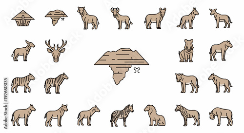 African Wildlife Animals Silhouette Icons and Map of Africa