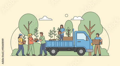 Flat vector illustration of community transporting trees by truck in a sunny meadow, teamwork and sustainability highlighted