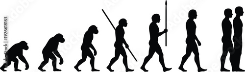 Human evolution silhouette from ape to modern man, tool use, walking stages, flat vector, cad drawing