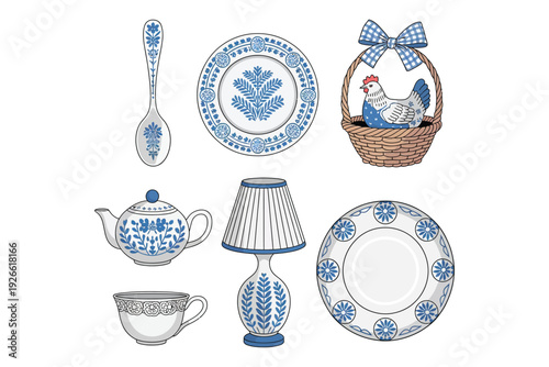 A charming collection of blue and white porcelain tableware including a teapot plates and a decorative basket with a hen.