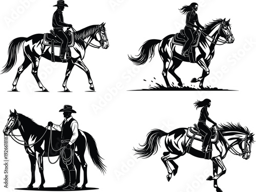 Horse rider silhouettes, equestrian poses, horseback riding, western culture, animal motion, jumping horse, trotting rider, cowboy style, training, competition illustration