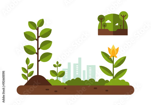 Illustration of a cross-section of soil with plants growing and a cityscape in the background, featuring a Background Video concept with a green and brown color palette.
