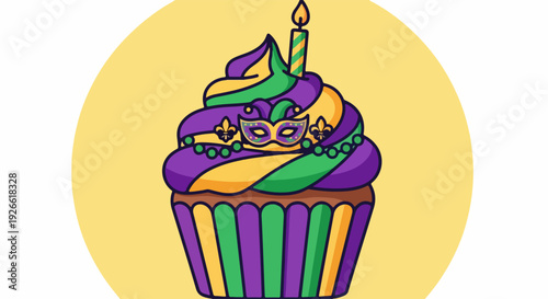 Mardi Gras cupcake decorated with purple, green, and gold frosting, mask, beads, and candle, perfect for festive celebrations.