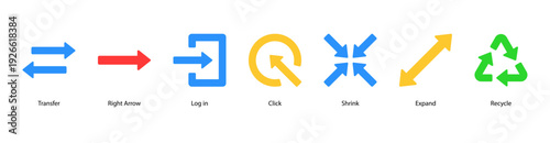 Navigation and Actions web banner vector illustration featuring Transfer, Right Arrow, Log in, Click, Shrink, Expand, and Recycle for digital navigation and user interface actions.