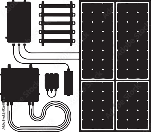 Black and white diagram of solar panel system components